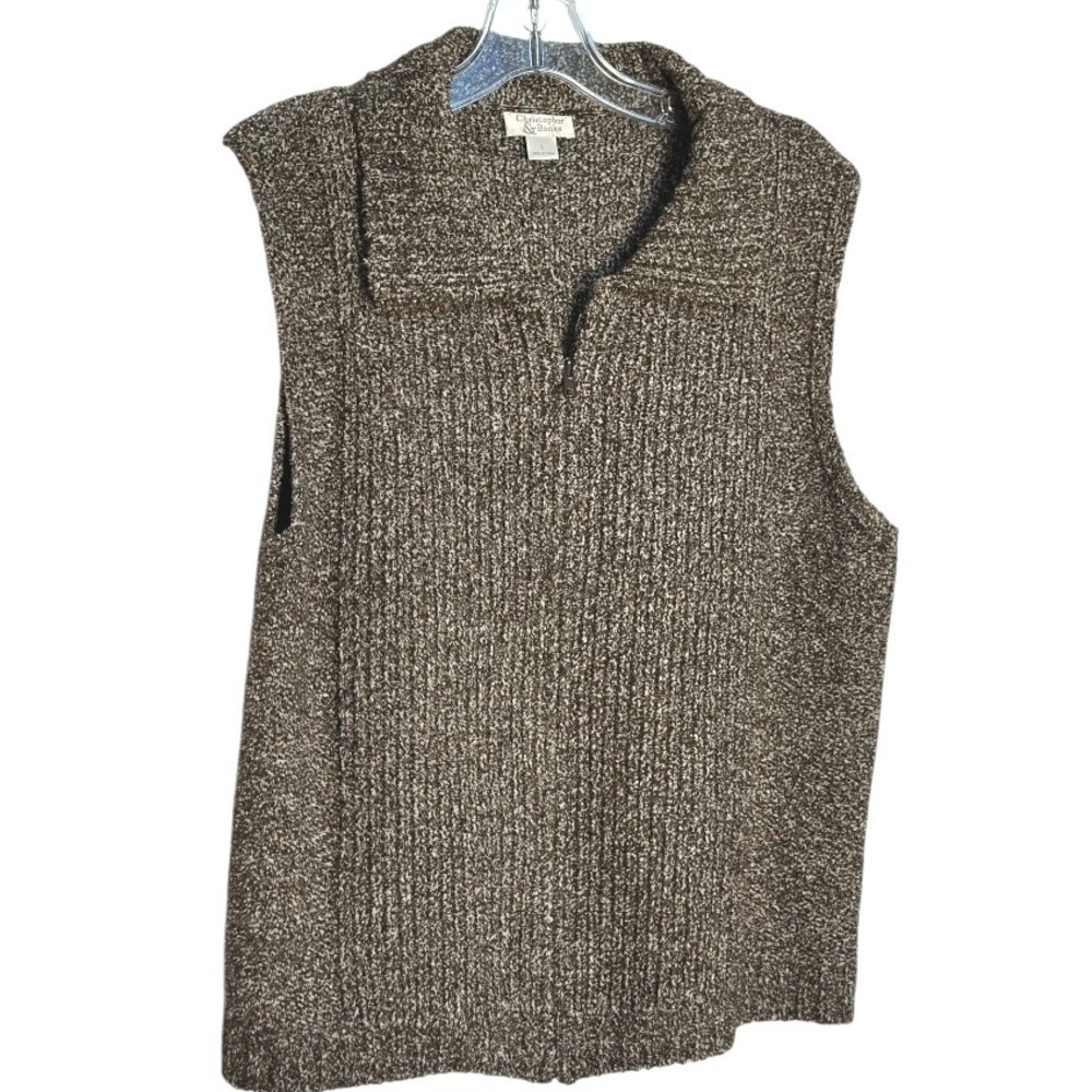 Christopher & Banks Knit Sweater Vest Brown Marled‎ Collared Zip Cozy Winter  L